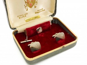 Vintage Diamond Silver Two -tone mirror surface &amp; satin cuffs button Titack Typin set box