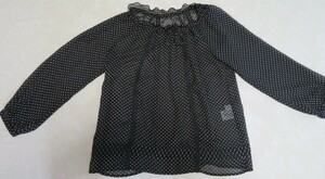 [Vert Dense Skimpy long-sleeved blouse with white dot pattern on a black background and striped lace] Veil dance ★ shirt ★ size M★