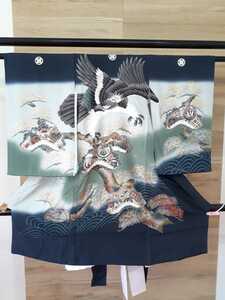 [Plow 1014] Silk 2 -piece set Omiya Kimono Kimono Hatsuko Hatsuko Hatsuko Hatsuko Men Celebration Matsu Matsu Blue Nanmi With Color Crest 210426