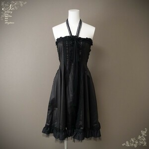 Beautiful goods*Marble/Marble/S ~ M equivalent/Silk blend/Holter neck ribbon x lace bischi dress/black/black/gothic loli/cute/romantic/romantic