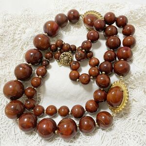 Vintage [Miriam Huskel] Bakelite * Brown Marble Beads Long Necklace