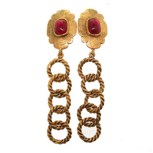 Beauty Chanel Vintage Stone Red Gold Chain Earring Accessories 0051 CHANEL