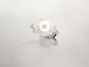 Beauty Mikimoto PT900 Pearl Pearl Approximately 8.7mm Pearl Diamond 6 Stone Ring Ring