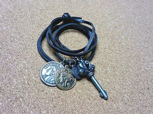 Key Coin Choker Necklace Dark Brown String MC015