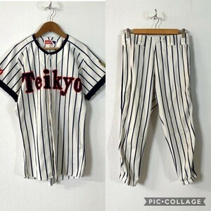 Geki Rare Difficult to obtain hard -to -selling university Teikyo University Hard Baseball Club Uniform Up and Loan Set L #7 Stripe Game Shirt Embroidery Logo L Collector Mizuno
