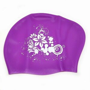 "BJS-A2" Floral Silicon Swim Cap (Purple) Flower Swimming Cap Swimming Hat Long Hair Waterproof Protection