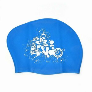 "BJV-A2" Floral Silicon Swim Cap (Light Blue) Flower Swimming Cap Swimming Hat Long Hair Waterproof Protection
