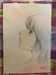 Handwritten illustration girl ★ Sakurato ★ Pencil colored pencil ★ drawing paper ★ Size 16.5 × 11.5㎝ ★ New / not for sale