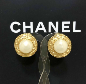 Chanel Earring Pearl Pearl Gold Gold Chain Maru Vintage ☆