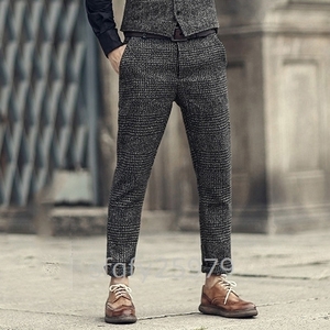 D008 ☆ Men's Wool Pants Slacks Glen Check Nine -length Gentleman Vintage 3 Color Selection Dark Gray