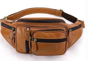 J632 ☆ New waist porch men's body bag hip bag Genuine leather leather waist bag diagonal shoulder bag commuting brown