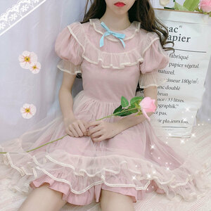 Lolita Dress Cute Soft Sister -style sweet puff sleeve layer mesh gown fairy dress l