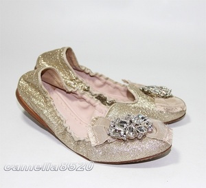 MIU MIU Miu Miu Ballet Shoes Line Stone Gold Span Call 35.5 Size Approximately 22.5-23cm used Italian used beautiful goods