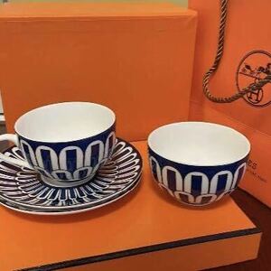 Hermes Blue Daille Cup &amp; Saucer Coffee Cup Pair Discontinued