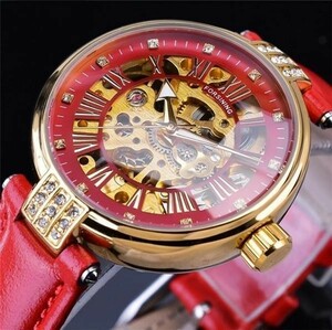 KOK020: Women's Watch Machine type Automatic winding Skeleton Design Genuine Leather Belt Light Waterproof Red ◇ J00418