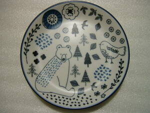 Illustration small plate diameter 11.5 x 1.8cm bear, bird, flower, white x blue plate