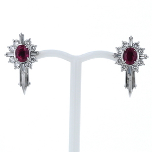 K14WG White Gold Earring Screw Type Ruby Diamond Oval Bucket Simple [New finished] [Used]