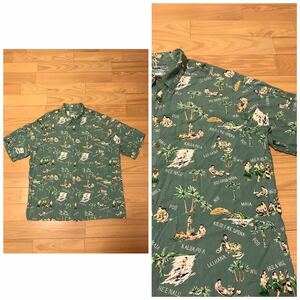 Good quality ☆ 80-90S Rainse Pooner / Diamond Head Tag XL Short Sleeve Rayon Aloha Shirt / Vintage Bamboo Full Button Fragal &amp; Palm Tree Green