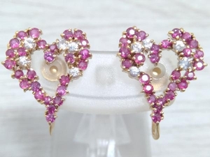 [Natural ruby ​​cute heart -shaped earrings] K18 gold / with diamond earrings