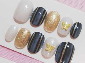 M size Berry Short Black Strip Light Gray Gold Color Butterfly Parts Nail Chip