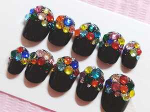 S size Berry Short Black Base Multicolor Stone Deco French Nail Chip Party