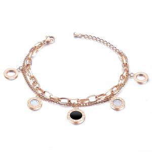 18K Pink Gold Platform Black White Roman Number Charm Bracelet Double Chain
