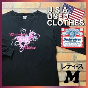 ME5-728 ★ USA used clothes ★ A little rare ★ [Budweiser OutdoorS Budweiser] Pink Ribbon DEER Long Sleeve T-shirt [Ladies M] Black beer