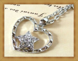★ Unused ★ Star of shining clear bijoux ★ Open heart silver color necklace ★ 69