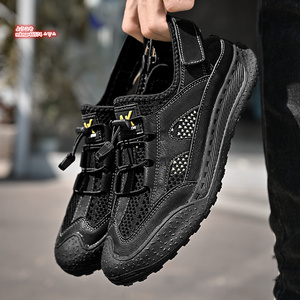New men's trekking shoes Handmade loafer slip -pong cowhide breathable waterproofing shoes Sandal sneakers outer 24.5 ~ 27.5cm black