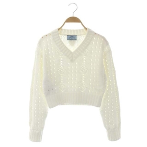 Prada PRADA 22SS Cotton crop knit cut -and -sor -pullover V -neck long sleeve 36 white white P24R1I /HS ■ OS ■ SH Ladies