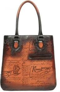 New Tote Bag Business Bag Genuine Leather Leather Engraving Calligraphy Men's Women's Unisex Bag Brown Brown