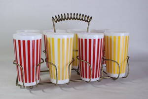 Free Shipping Beautiful Product 9 Piece Set with Rack ■ Hazel Atlas Candist Ripe Red Yellow 4 Tumbler Set with Carry Rack