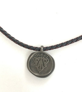 Gucci Necklace Crest Pendant Eat SV925 Leather choker knitting leather silver black GUCCI [used]