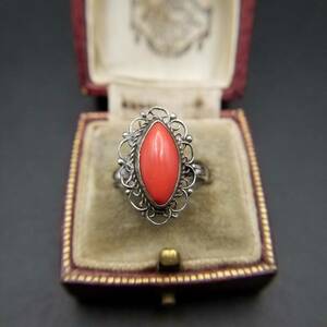 Coral Orange Marquis Cut Art Nouveau 925 Silver Vintage Ring Silver Ring Beautiful Retro Y6-N ③