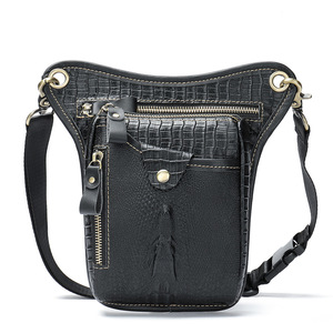 Crocodile type push waist bag men's genuine leather 2WAY belt pouch smartphone mini shoulder bag cowhide black