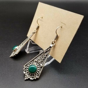 Green Stone Dot Decoration 925 Silver Vintage Long Earrings Silver Earring Ethnic Style Decorative YMT ③4 4