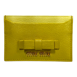 miumiu Miu Card Case Business Card Case Pass Case Ribbon Motif Logo Leather Yellow