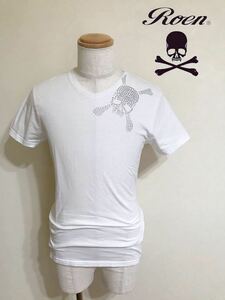 ROEN Loen Skull Rhine Stone Logo V neck T -shirt Tops Size M True Sleeve White