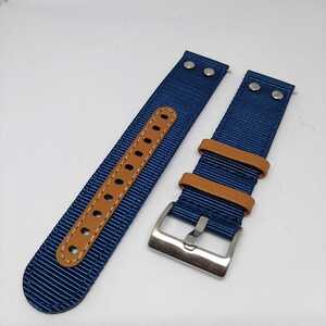 Blue 22mm with rivet Canvas nylon leather strap Hamilton type Watch belt replacement military easy click type