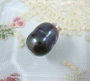 Pendant Top Black Baroque Pearl Black Peacock Color Large Grain Pearl Silver 925 Rare only one unused home storage