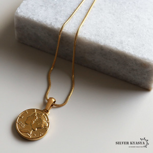 Coin Necklace Snake Chain Coin Mercury Dime Gold 18K Stainless Steel Metal Allergy Free (60cm)