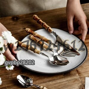 Brand new! Tableware set 15 pieces Creative natural bamboo handle stainless steel spoon Catrary set spoon dedicated tableware