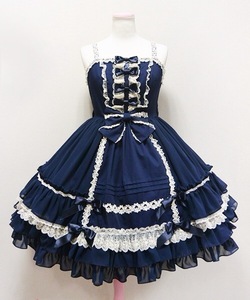 Popular Gothic Lori_ Lolita Dress Short Sleeve Bustellibon Decoration Blue Dress Harajuku Gothic Lolita Navy Size Selectable