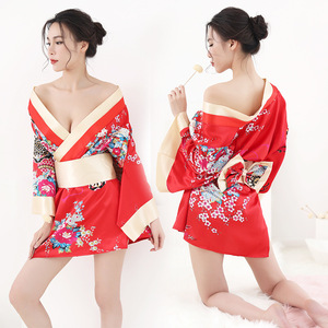 New [35-1] Super sexy kimono-style flower pattern baby doll "Kimono, T-back, band 3-piece set" Sexy Lingerie Cosplay Oira Costume Red