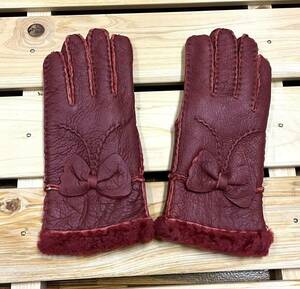 New unused ★ Mouton gloves Ladies leather gloves Genuine leather warm ♪ Wine red