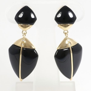 K18YG Earring onyx diamond 0.01 × 2 Card Division Book Weight Approximately 11.6g Used beautiful goods Free shipping ☆ 0315
