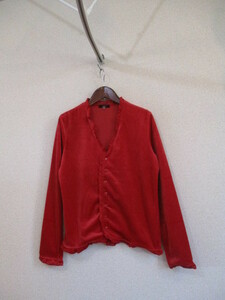 INED Long Sleeve V-Neck Cardigan with Red Velour Ruffles (USED) 110218