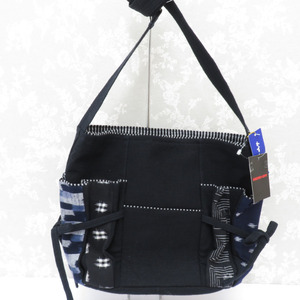 Shoulder bag 100 % cotton Kasuri Bag Black x Navy Kasuri Pattern with Kasuri no Sato Pocket with Japanese Warla Pocket