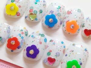 S size Berry Short White x Colorful Holo Base Colorful Ojiki Flower Nail Parts Nail Tip Pop Pop Pop Pop Pop Pop Pop