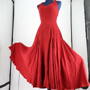 "Free Shipping" [Beauty Flamenco Costume] Dark Red x Ribbon Dress Width Hem One Piece Flamenco Tango